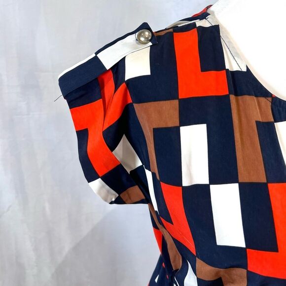 Orange navy and brown geometric print dress size small - Picture 2 of 5